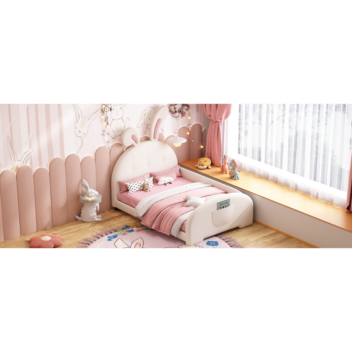 variant-group:rf-n733p198764k|Roomfitters Rabbit-Shaped Princess Twin Platform Bed with Upholstered Headboard and Footboard, White