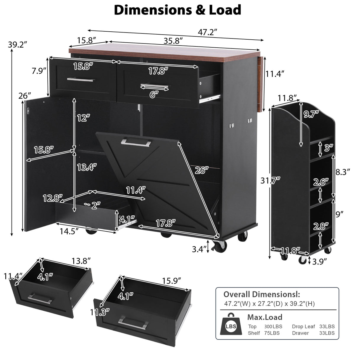 variant-group:rf-n707p307296b|Roomfitters 47.2" Farmhouse Kitchen Island with Drop Leaf, Tilt Trash Can Cabinet, Removable Mobile Side Racks, Black
