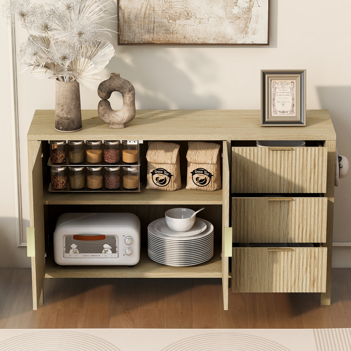 variant-group:rf-n711p345172o|Roomfitters Sideboard Buffet Cabinet with 3 Drawers, 2 Door Mid-century Fluted Accent Storage for Kitchen & Dining, Natural