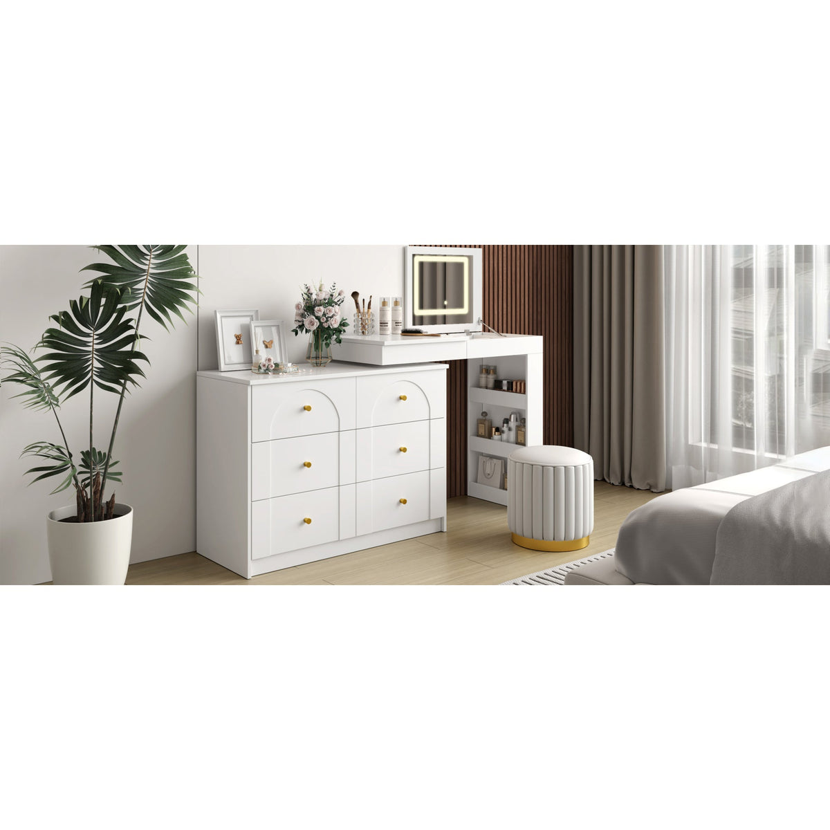 Roomfitters Vanity Desk with Mirror & Lights, Flip-Top Makeup Table with 7 Drawers, 9 Compartments, 3 Shelves, White
