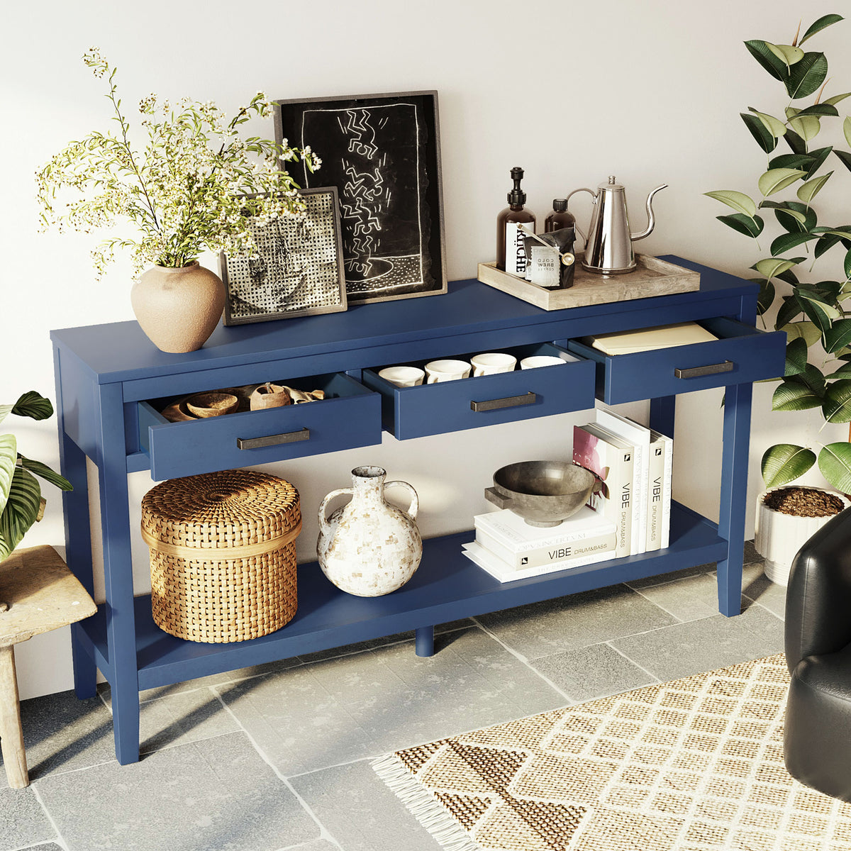 variant-group:rf-n711p410445v|Roomfitters 59.1" Farmhouse Entryway Table with 3 Drawers, Slim Console Sofa Table with Open Shelf for Hallway, Navy Blue