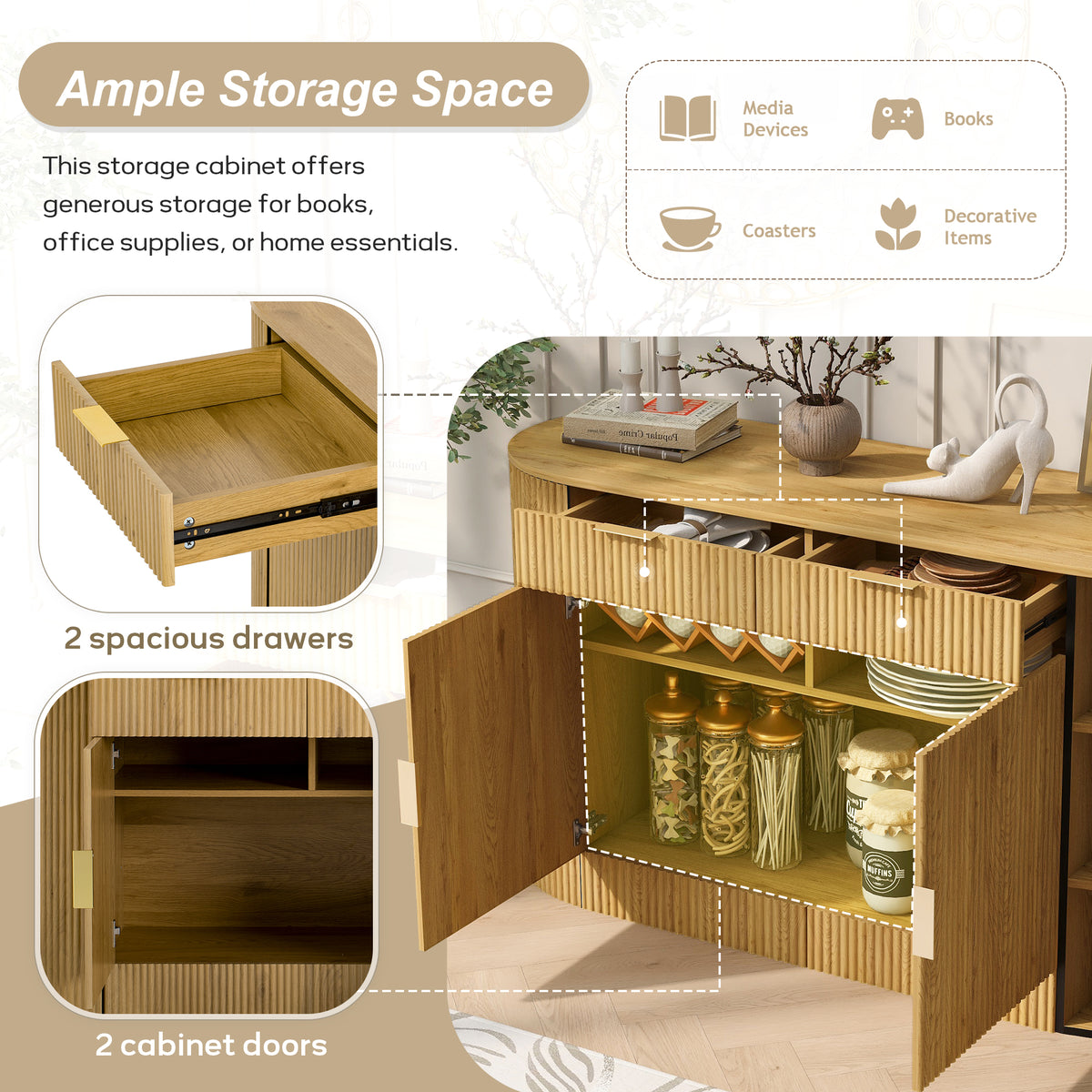 variant-group:rf-n711p345168o|Roomfitters 55.1" Oval Sideboard Buffet Cabinet with 2 Drawers & Wine Rack, Mid-century Modern Fluted Accent for Dining, Natural