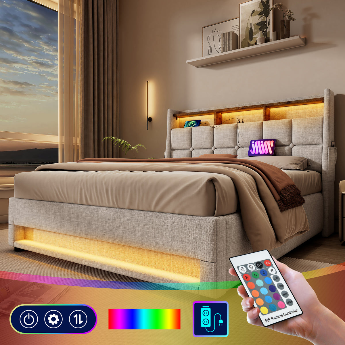 variant-group:rf-n736aa20690708b|Roomfitters Full Size Upholstered Platform Bed with Storage System, USB Charging Ports, Natural