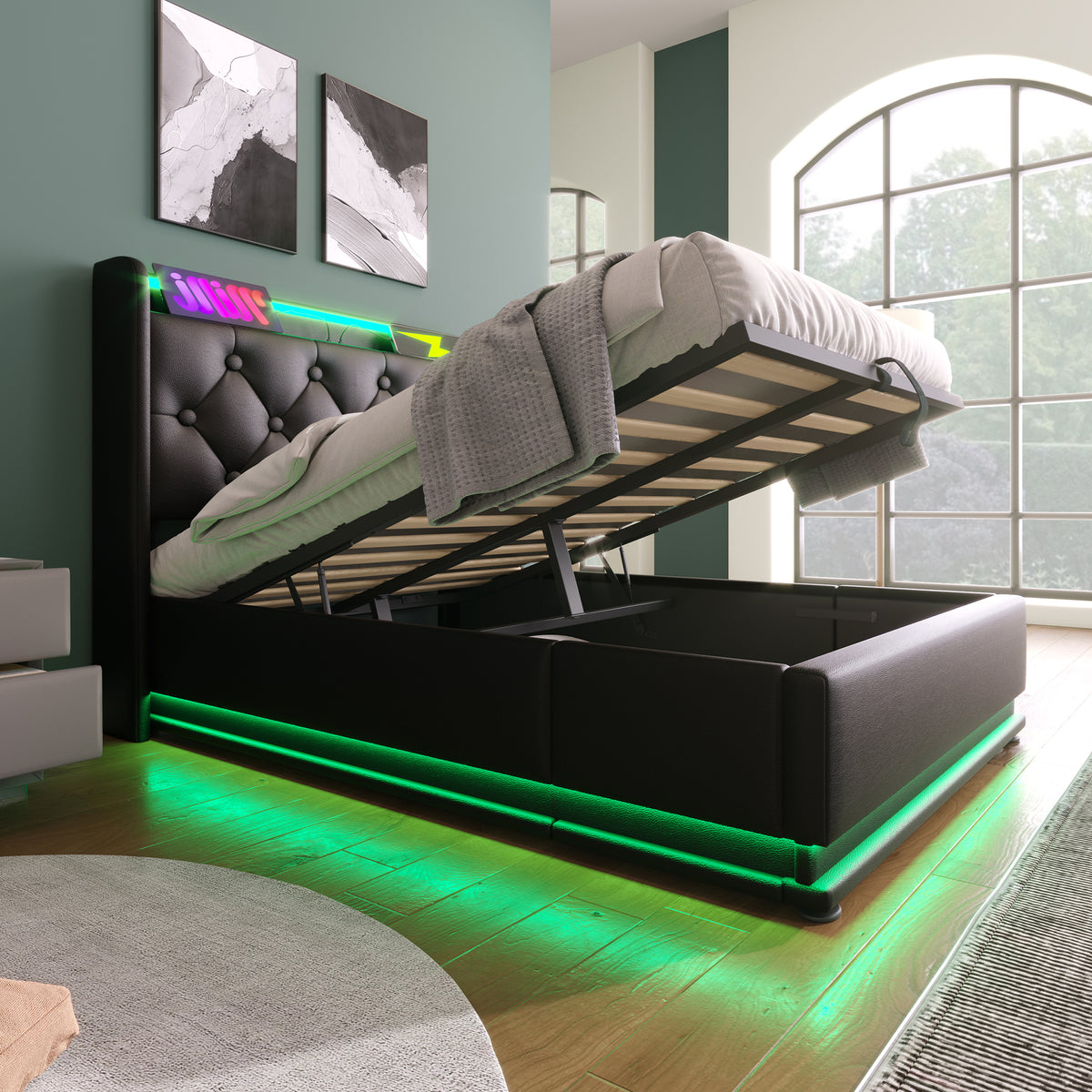 variant-group:rf-n736p188805b|Roomfitters Twin Size Upholstered Storage Bed with USB Type-C Charging and Remote Control, Faux Leather Black