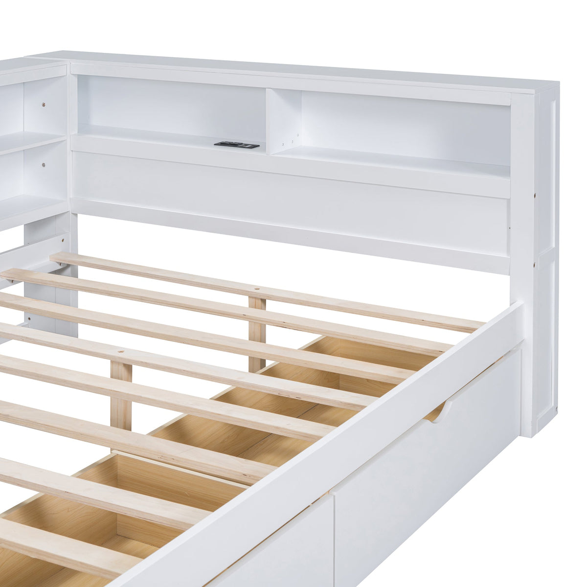 Roomfitters Wooden Full Daybed with Underbed Storage, Built-In Shelf & USB Charging Ports, White