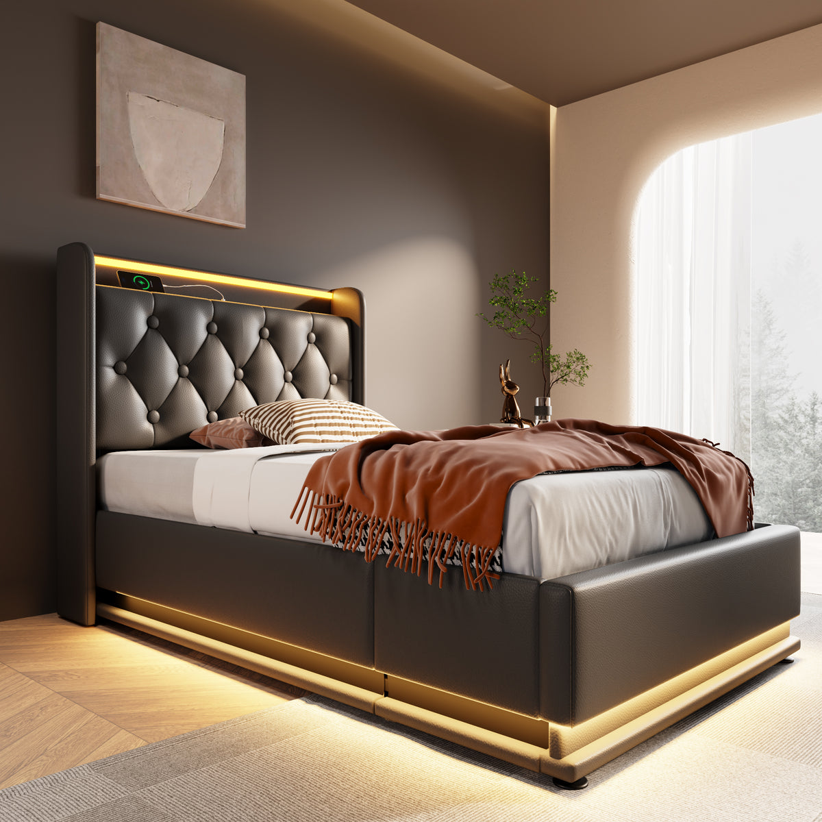 variant-group:rf-n736p188805b|Roomfitters Twin Size Upholstered Storage Bed with USB Type-C Charging and Remote Control, Faux Leather Black