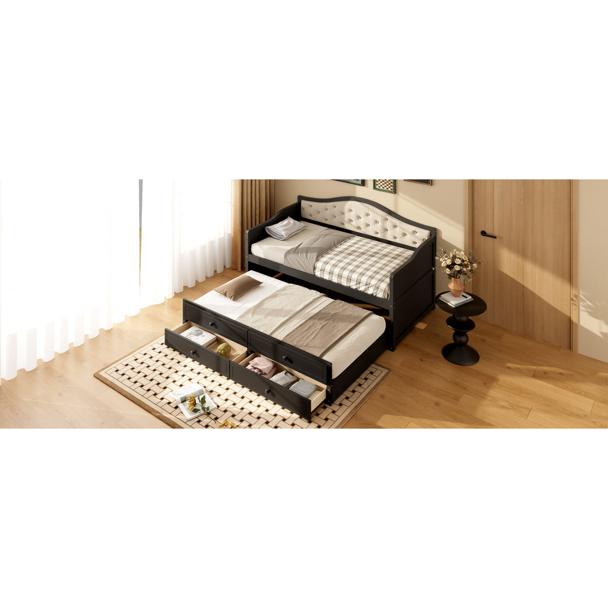 variant-group:rf-n733s346767p|Roomfitters Twin Daybed with Trundle, Wooden Sofa Bed with 2 Storage Drawers & Tufted Backrest, Black