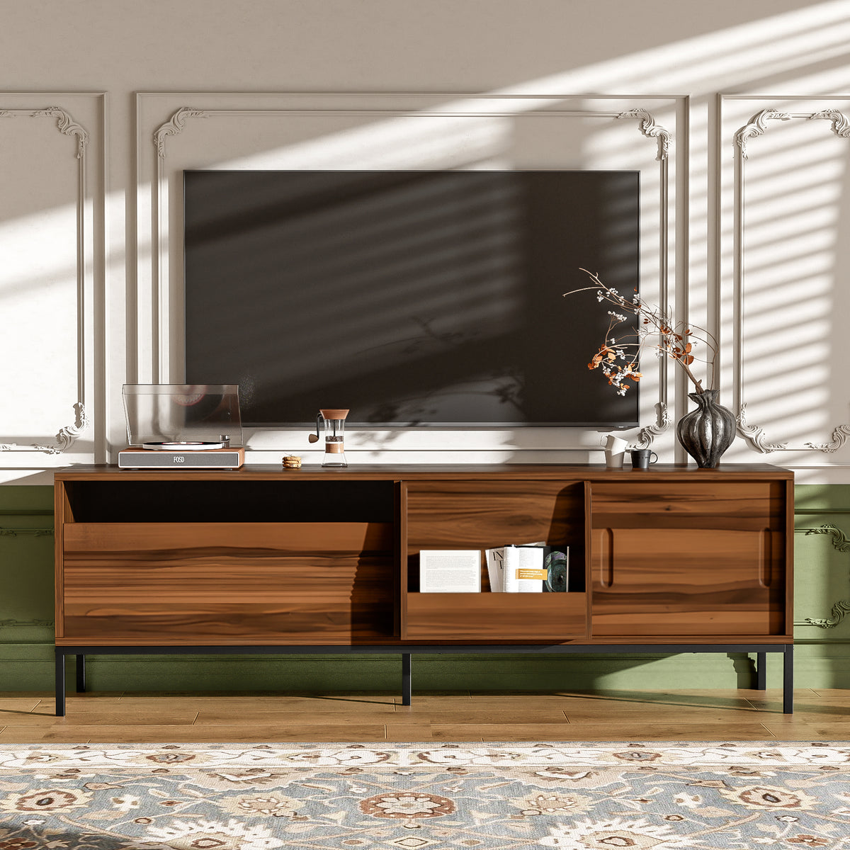 variant-group:rf-n724p360370d|Roomfitters Mid-Century Modern 70" TV Stand Console with Sliding Doors, Brown