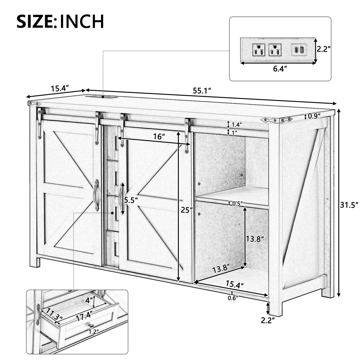 variant-group:rf-n711p347377k|Roomfitters 55.1" Storage Cabinet with 4 Drawers and Sliding Barn Doors, Farmhouse Sideboard Buffet for Kitchen & Dining, White