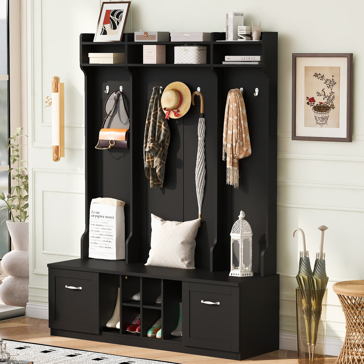 variant-group:rf-n724p235232b|Roomfitters 5-in-1 Entryway Bench with Coat Rack, Hooks, Drawers and Adjustable Shelves, Hall Tree for Hallway or Living Room, Black