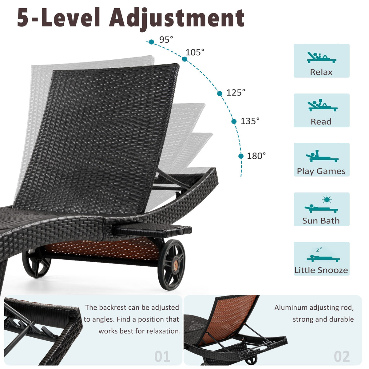 variant-group:rf-n707p395515d|Roomfitters 80"W Patio Chaise Lounge Chairs Set of 2 with Wheels, Folding Table, Adjustable Rattan Loungers, Black & Brown