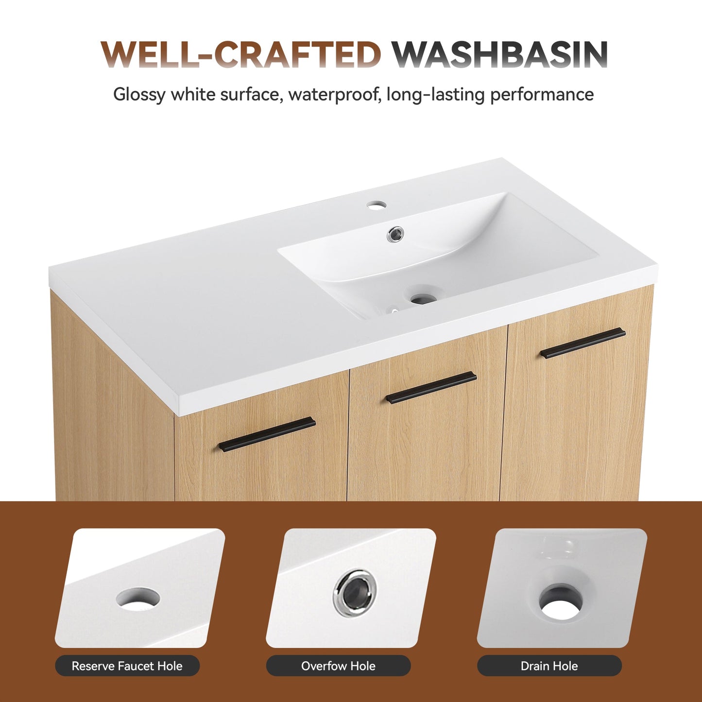 36" Modular Freestanding Bathroom Vanity with 36" Resin Sink Top, Light Oak, 2-Piece Cabinet (24" 2-Door + 12" 1-Door), KD Cabinet, Includes Black & Brushed Aluminum Handles Roomfitters