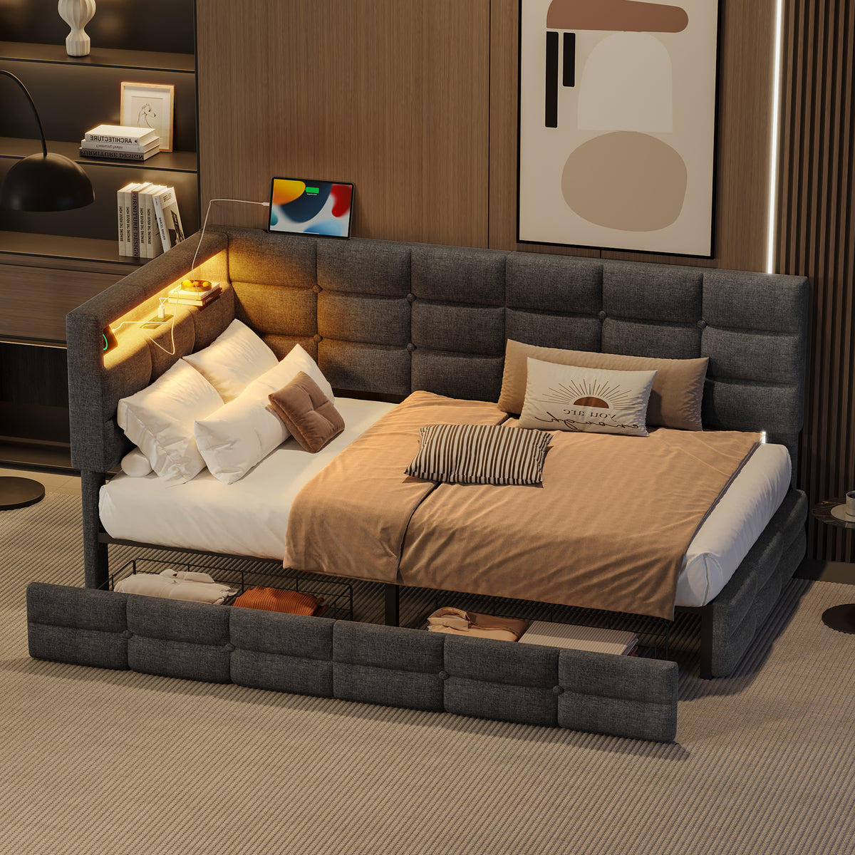 variant-group:rf-n733p285121e|Roomfitters Upholstered Twin Size Daybed with Storage Drawers and Charging Station, Bed Frame with Storage Headboard, No Box Spring Needed, Gray