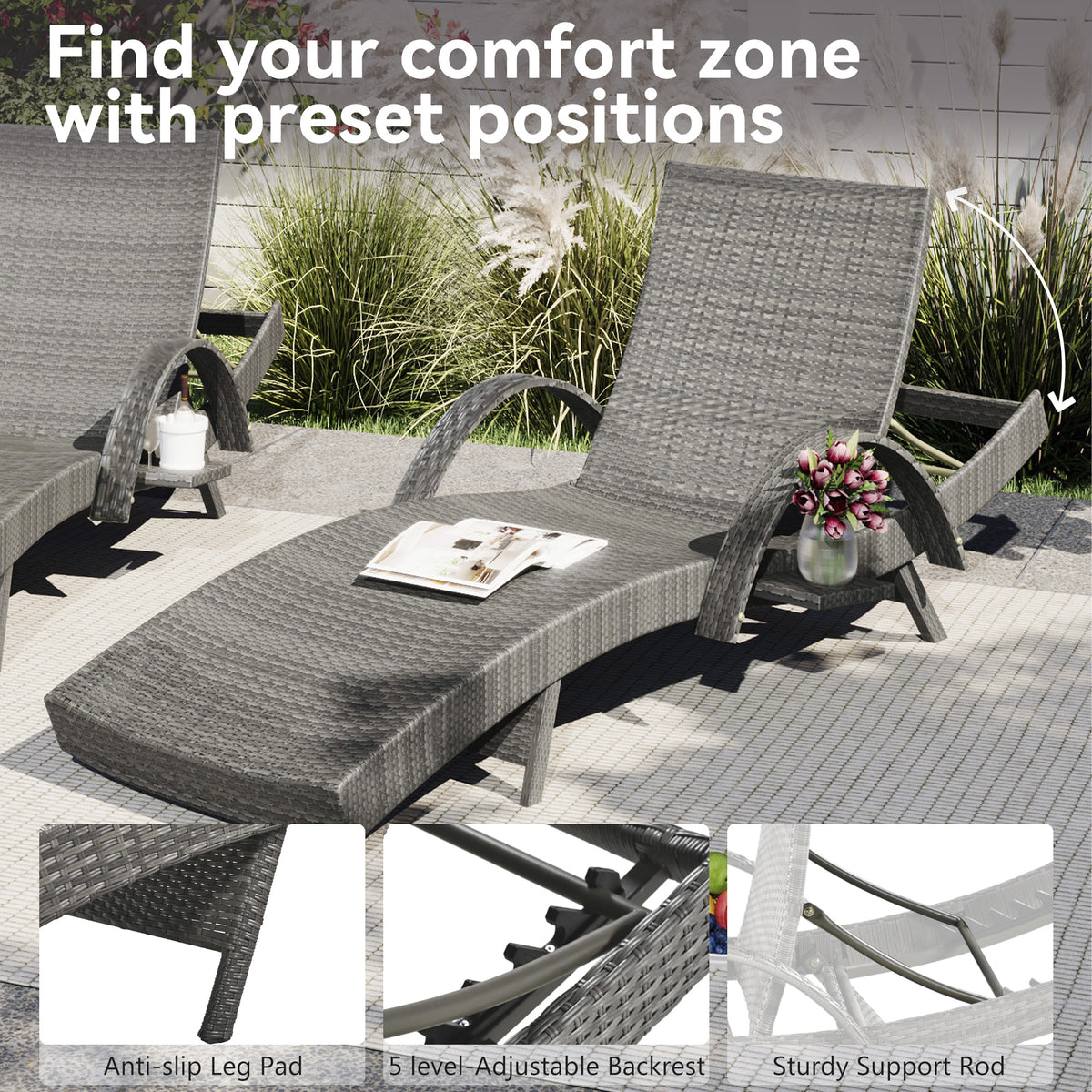 variant-group:rf-n707wf321204aae|Roomfitters 80" Outdoor Wicker Chaise Lounge Chairs, Set of 2, Reclining Patio Chairs with Pull-Out Table, Grey