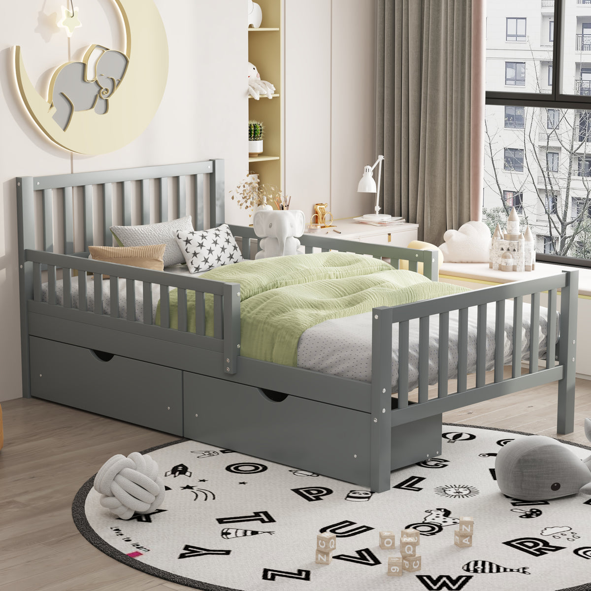 variant-group:rf-n733p172696e|Roomfitters Twin Size Wood Platform Bed with Guardrails and Two Storage Cabinets, Grey