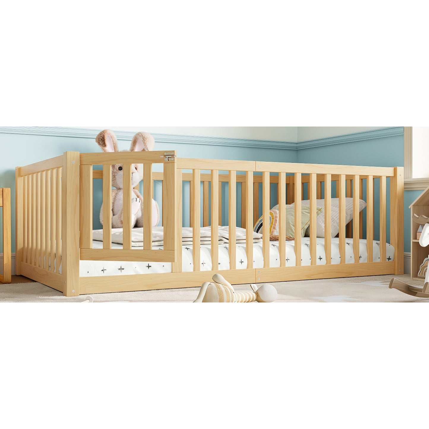 variant-group:rf-w1580p417669|Roomfitters Twin Size Wooden Floor Bed with Safety Guardrails Door, Solid Wood Low Profile Toddler Bed Frame, Natural
