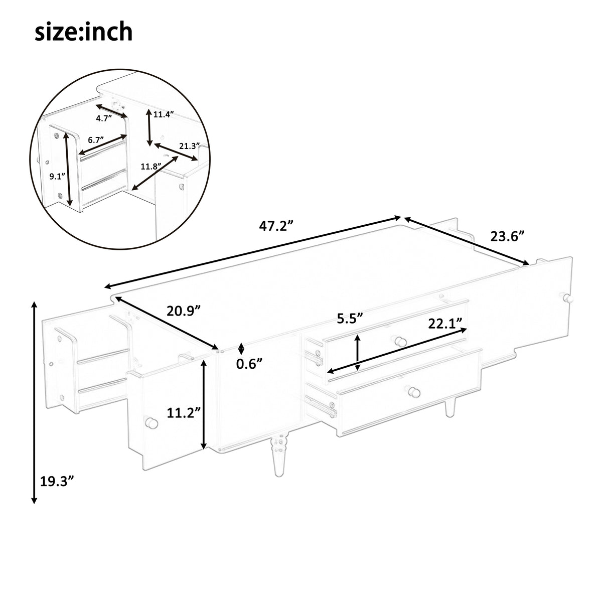 variant-group:rf-n724p286418d|Roomfitters Modern Rectangle Coffee Table with 4 Drawers and Hidden Side Storage, Solid Wood Legs, Brown
