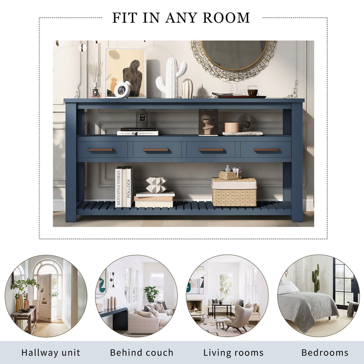 variant-group:rf-n711p410406v|Roomfitters 61.5" Entryway Table with 4 Drawers, 3-Tier Console Sofa Table with Open Shelves for Hallway, Navy Blue