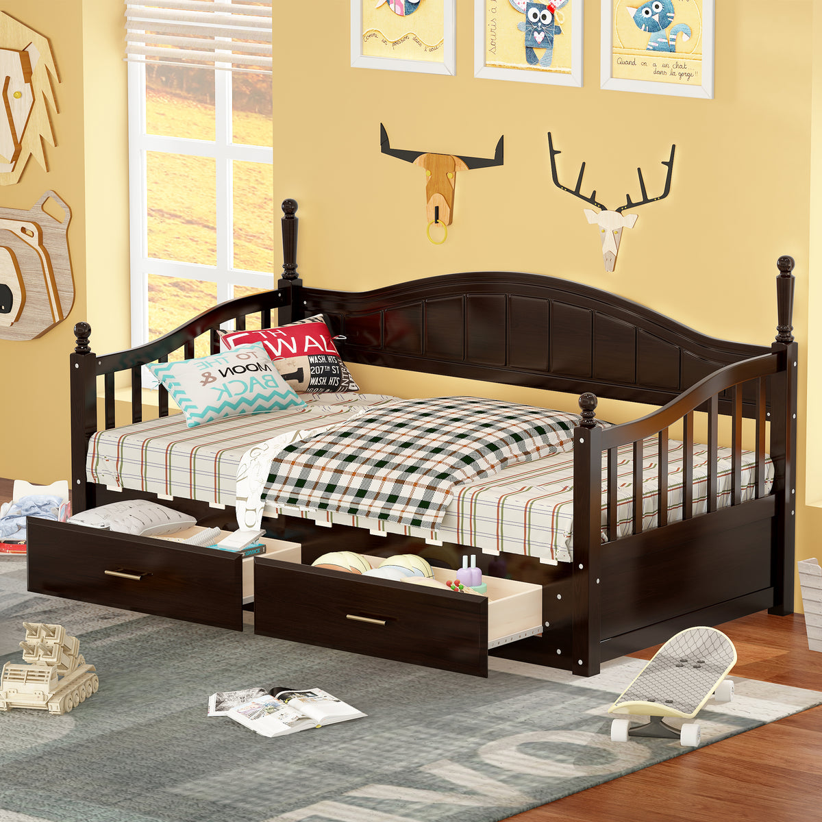 variant-group:rf-n733s173459p|Roomfitters Wooden Twin Size Daybed with Expandable Design, Twin Trundle and Two Practical Storage Drawers, Espresso