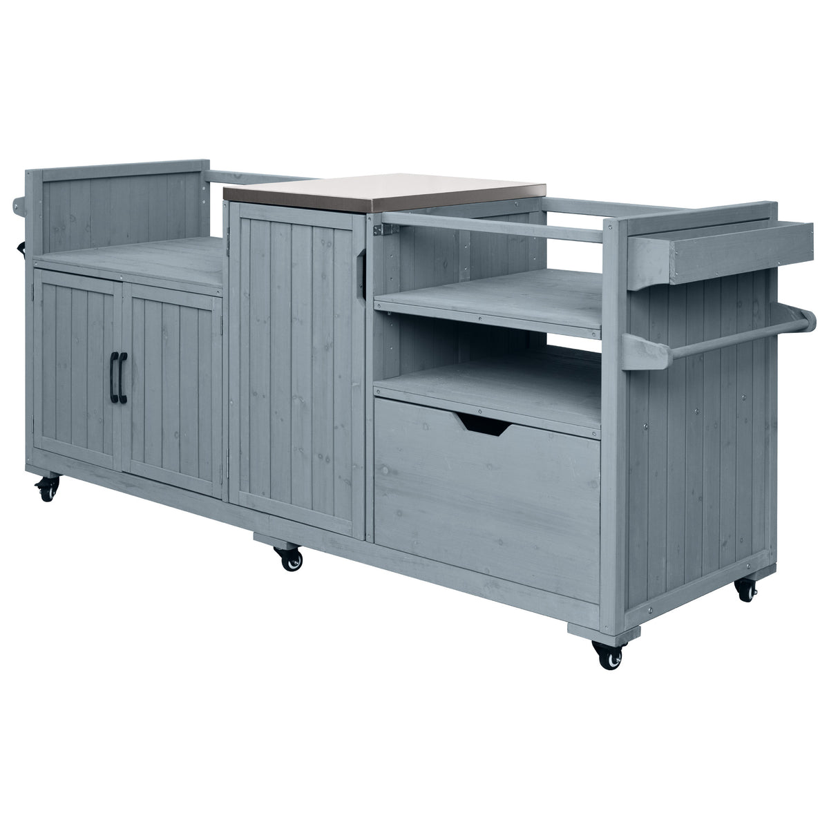 variant-group:rf-n707p392140g|Roomfitters 80.5" Extra Large Grill Cart, Outdoor Kitchen Prep Station with Stainless Steel Top & Kamado Grill Stand, Grey+Blue