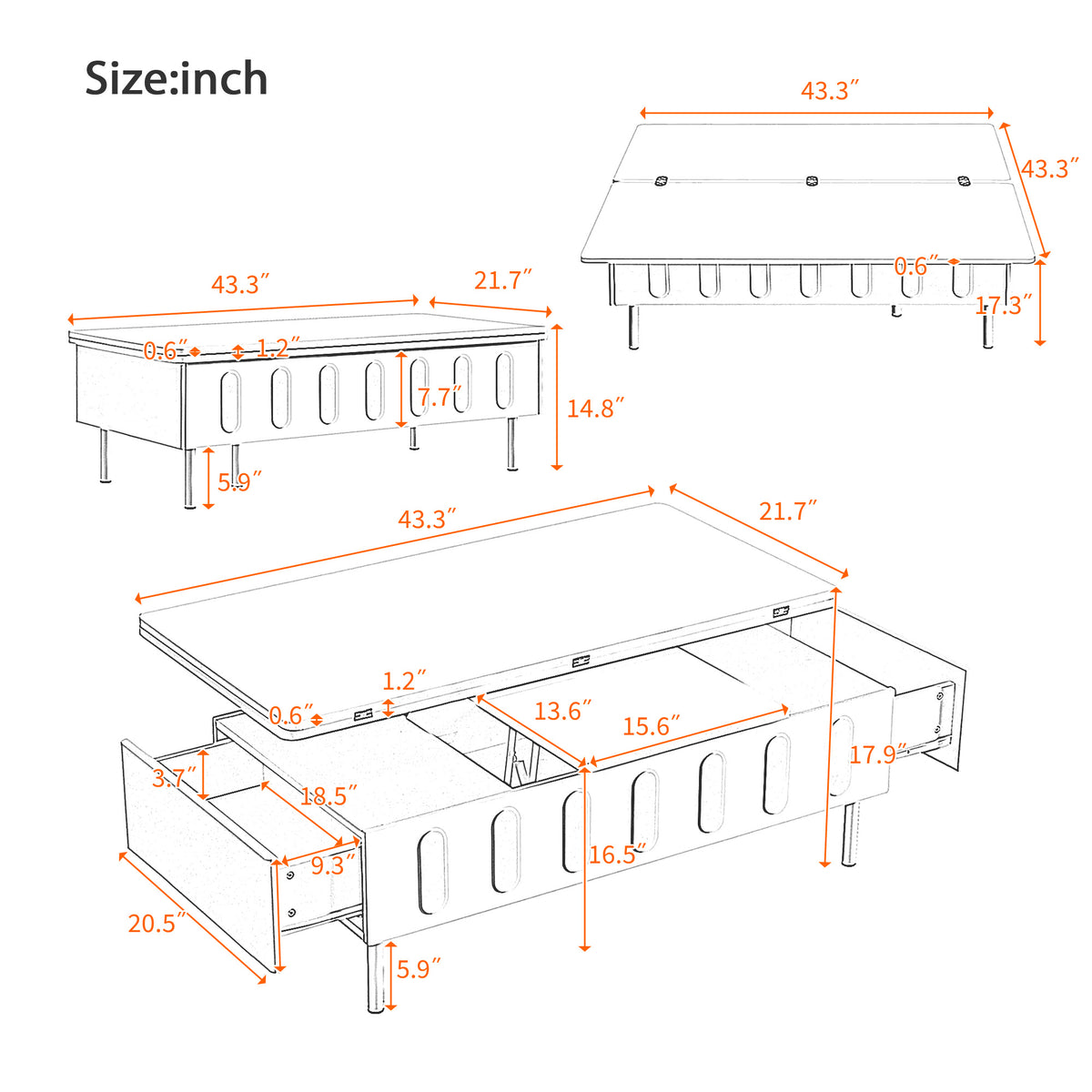 variant-group:rf-n724p292514k|Roomfitters Lift-Top Coffee Table with 2 Drawers and Foldable Top, Hidden Storage Compartment, Adjustable Center Table, White