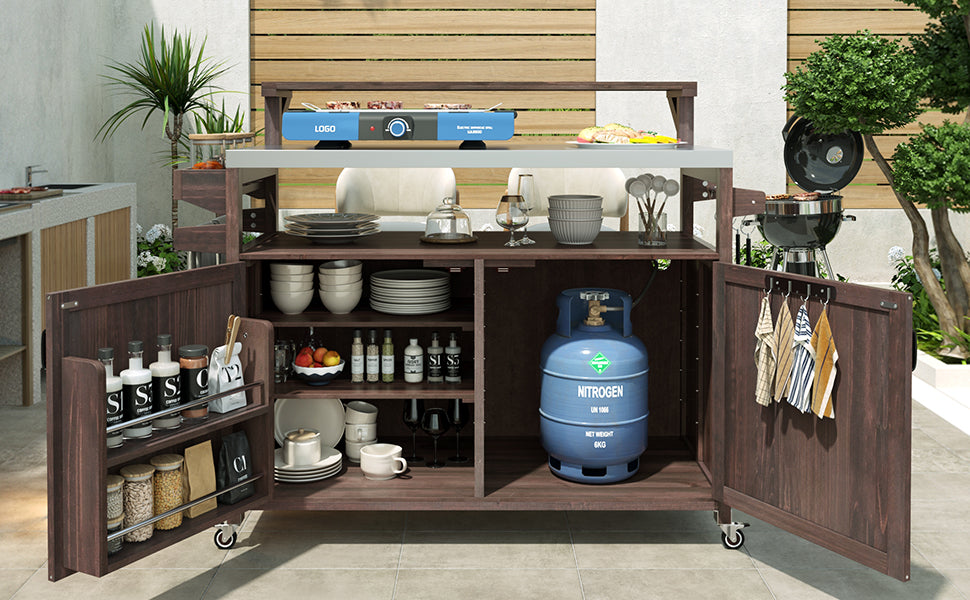 variant-group:rf-n707p250628z|Roomfitters 53.3" Outdoor Kitchen Island with Raised Shelf, Wood Storage Cabinet, Stainless Steel Top, Rolling Grill Cart, Brown