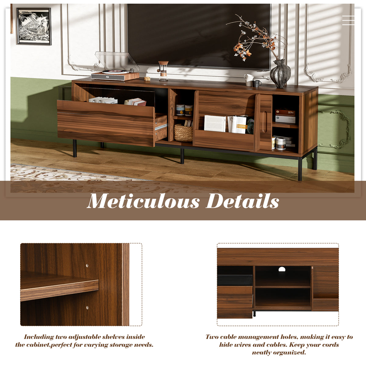 variant-group:rf-n724p360370d|Roomfitters Mid-Century Modern 70" TV Stand Console with Sliding Doors, Brown