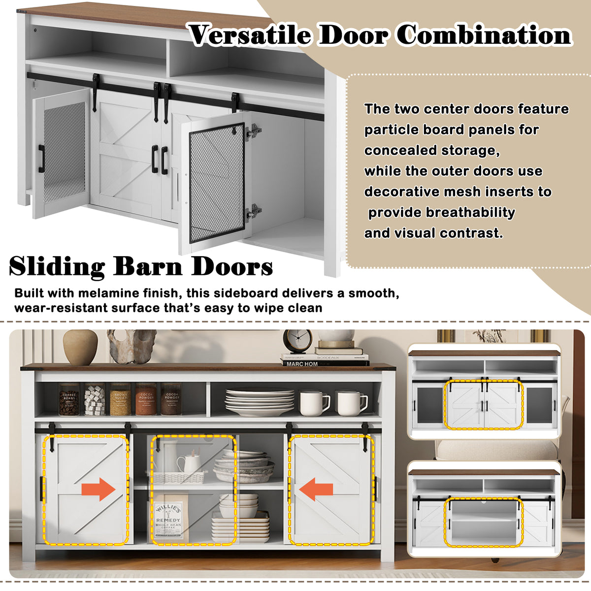 variant-group:rf-n711p347388k|Roomfitters 59.3" Sideboard Buffet Cabinet with Sliding Barn Doors, Modern Farmhouse Storage for Kitchen & Dining, Brown+White