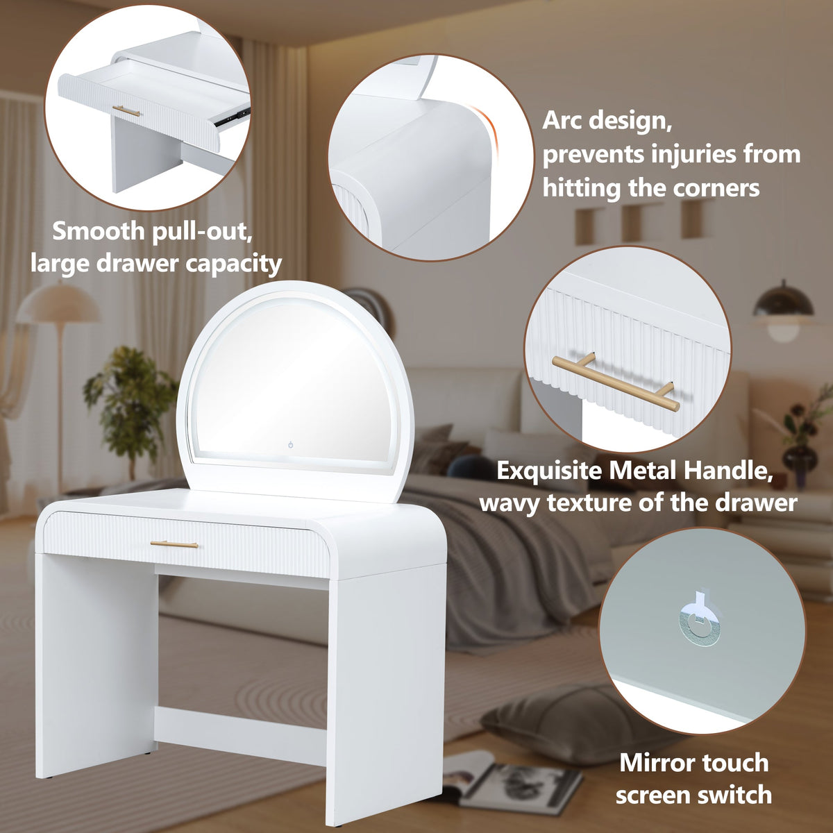 Roomfitters 39" Makeup Vanity Table with Mirror Touch Screen Lighted Mirror, Dressing Table with Drawer for Bedroom, White Roomfitters