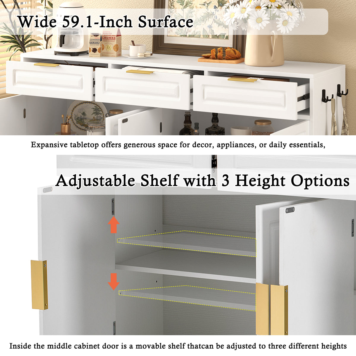 variant-group:rf-n711p345213k|Roomfitters 59.1" Farmhouse Sideboard Buffet Cabinet with 3 Drawers and 4 Doors, Kitchen Storage with Open Shelf, White
