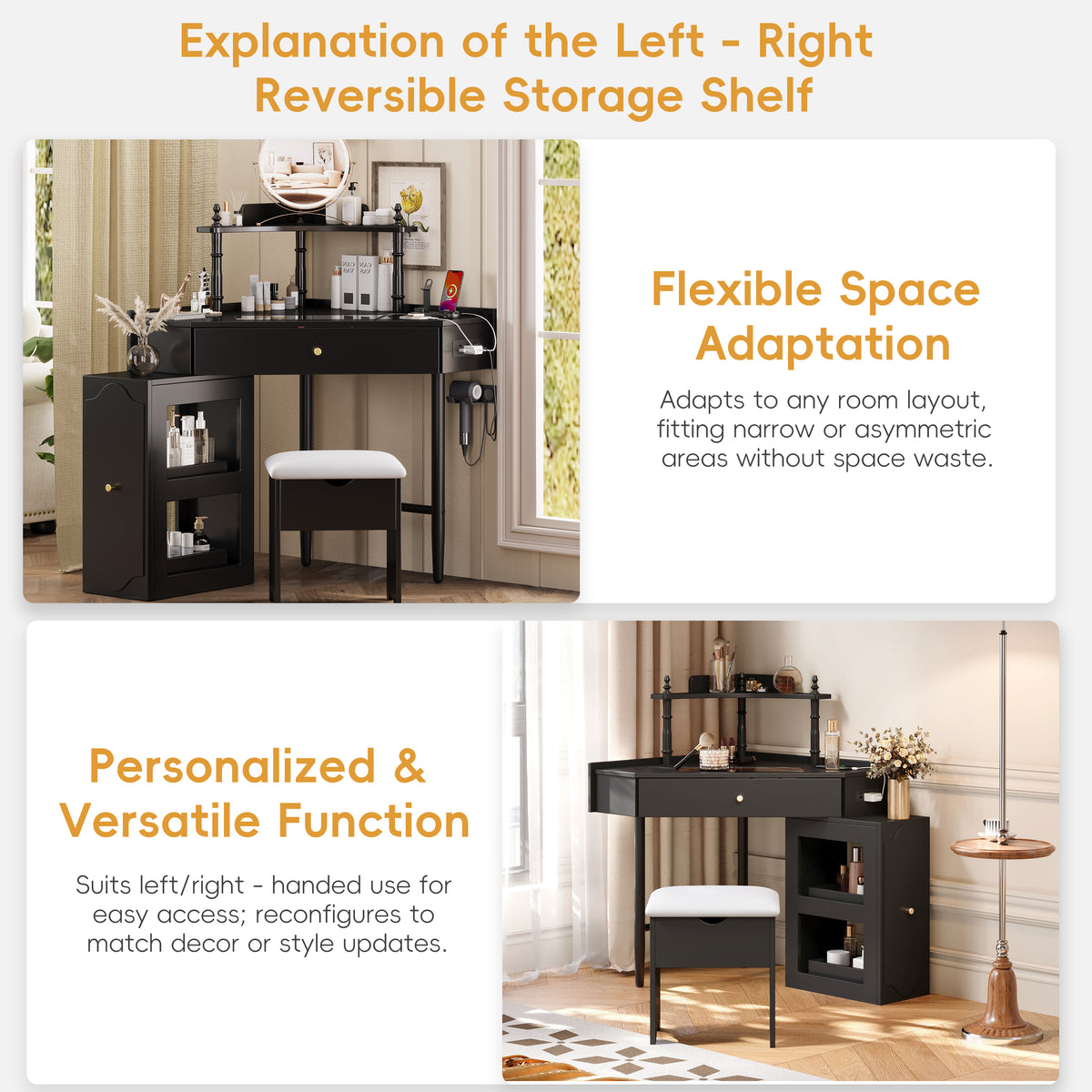 variant-group:rf-n733p336237b|Roomfitters Corner Vanity Desk Set with Stool, Charging Station, Glass Top, Drawer, Shelf, Pull-Out Cabinet, Black