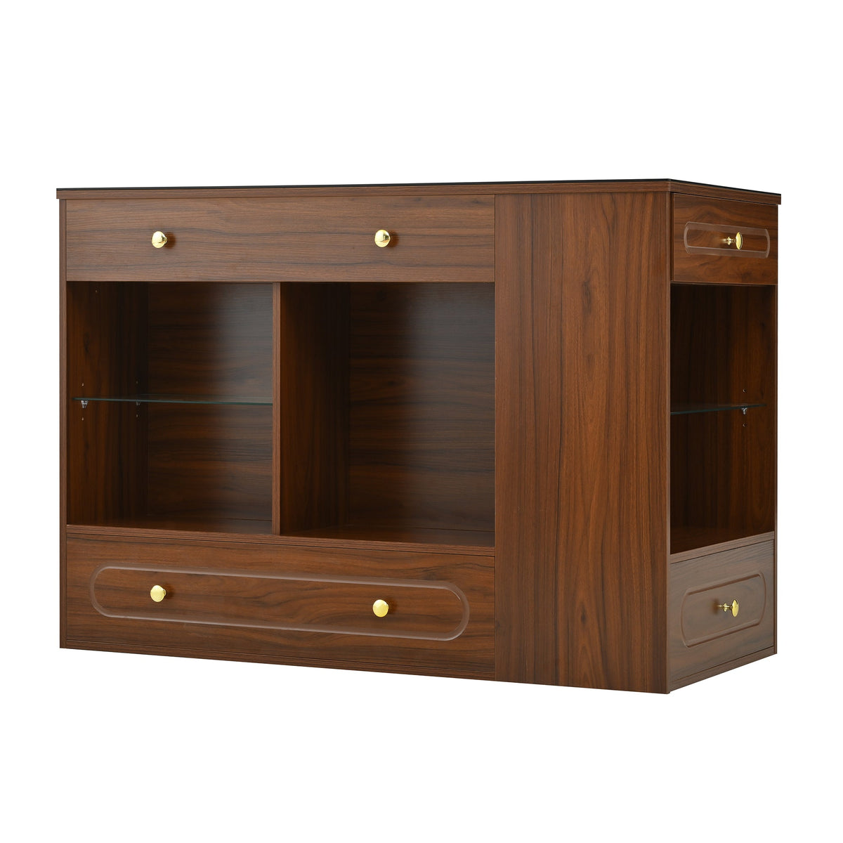 Roomfitters Closet Island with 6 Drawers, Glass Display Top and Open Shelves, Wardrobe Storage and Jewelry Vanity, Walnut