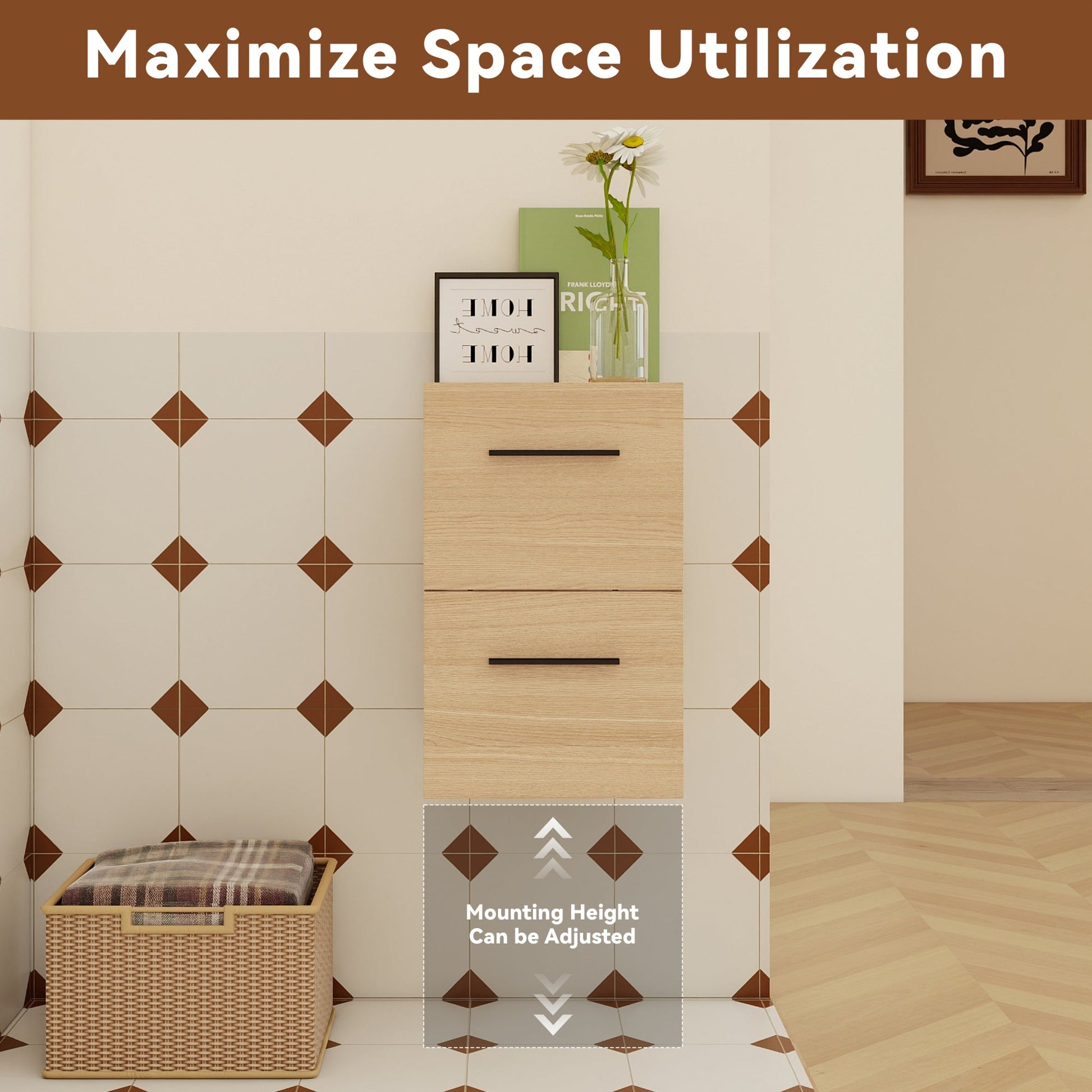 12" Floating Bathroom Vanity Drawer Base, Light Oak Plywood Cabinet, Wall-Mounted Storage with 2 Drawers & Black/Aluminum Handles (Sink Not Included) Roomfitters