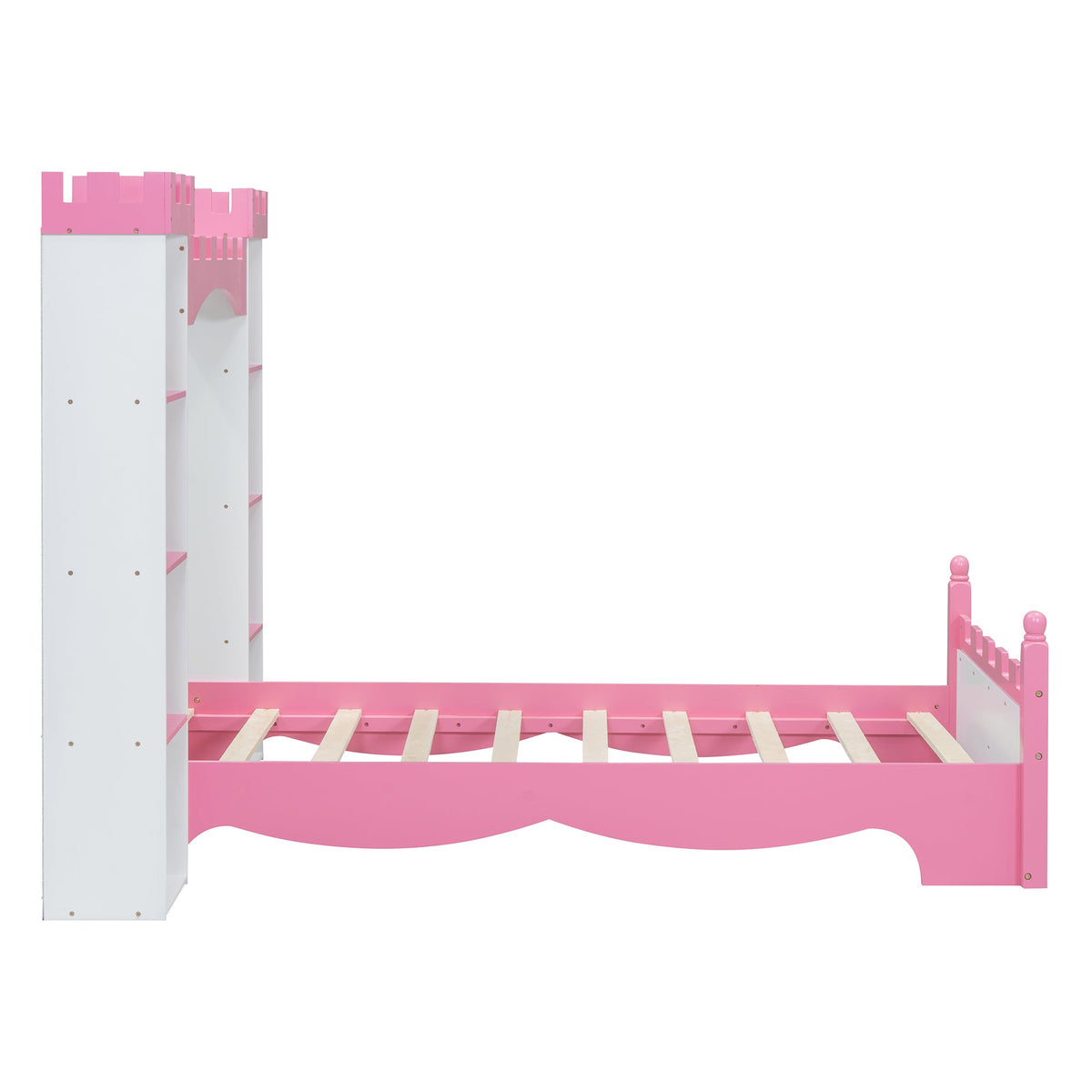 Roomfitters Castle-Shaped Wooden Bed with Storage Shelf, Dreamy Twin Size Platform Bed with Charming Aesthetic, White+Pink