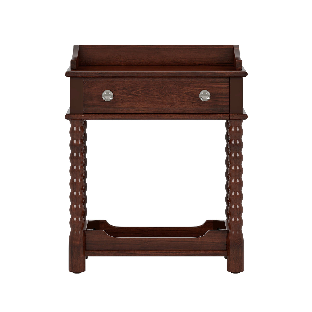 variant-group:rf-n733p206240d|Roomfitters Retro Style Bedside Table with Storage and Open Shelf, Turned Legs, and Metal Handle, Walnut