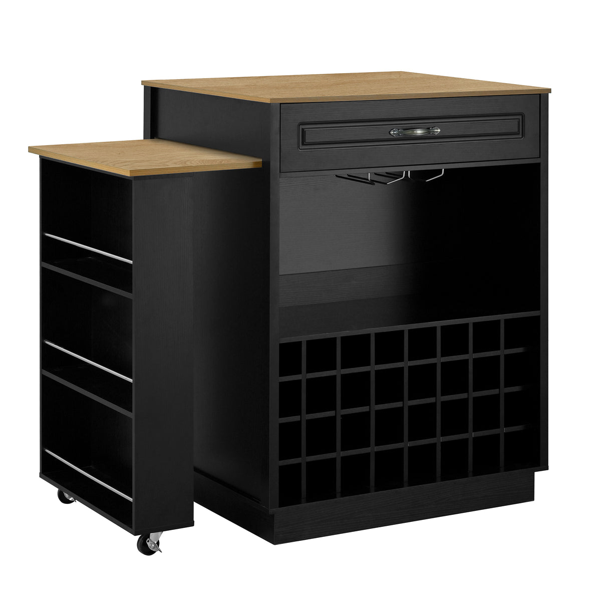 variant-group:rf-n711wy000493aab|Roomfitters Black and Natural Wood MDF Extendable Bar Cabinet, Rolling Kitchen Island Table, Wine Rack Storage
