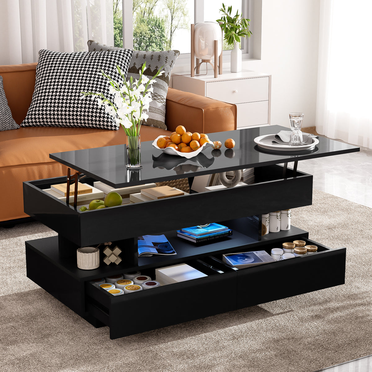 variant-group:rf-n724p290058b|Roomfitters Lift-Top Coffee Table with Hidden Storage and 2 Drawers, Multi-Functional Modern Table, Black