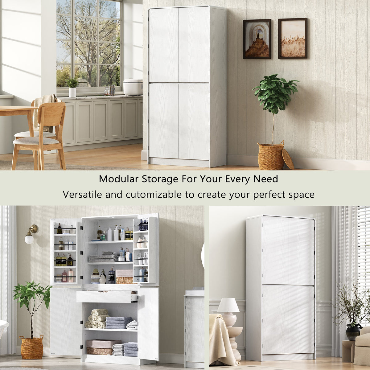 variant-group:rf-n707s000021w|Roomfitters 72" Tall Farmhouse Kitchen Pantry Cabinet with Curved Profile & 8 Door Shelves, White