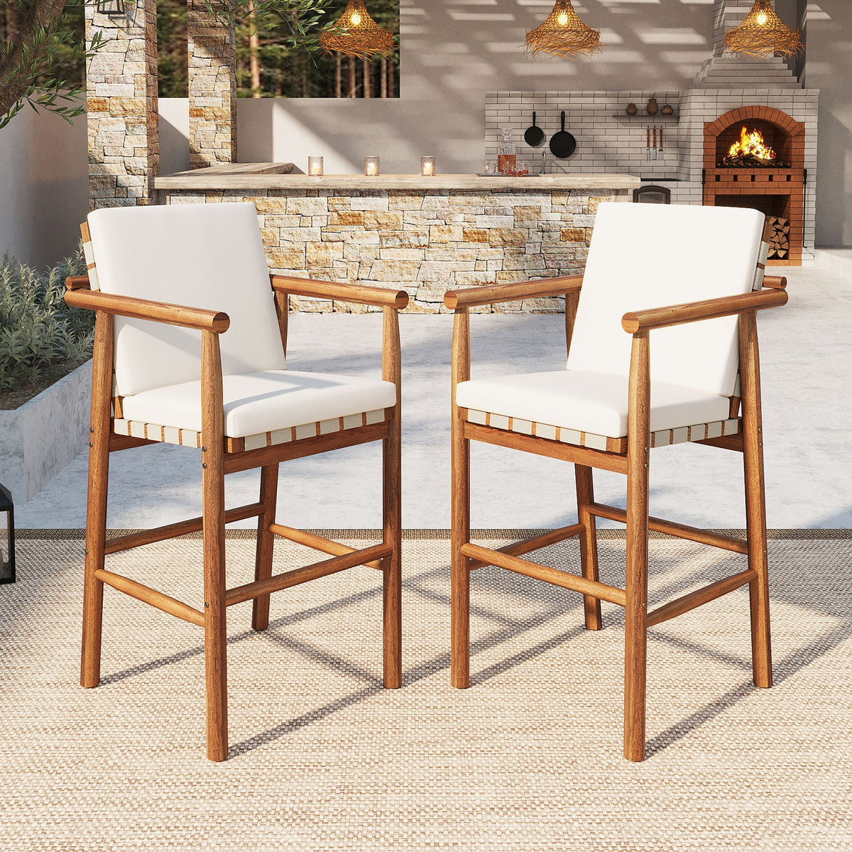 Roomfitters Set of 2 Outdoor Bar Stools with Beige Cushions, Natural Wood High Chairs for Patio Balcony Kitchen, Natural Roomfitters