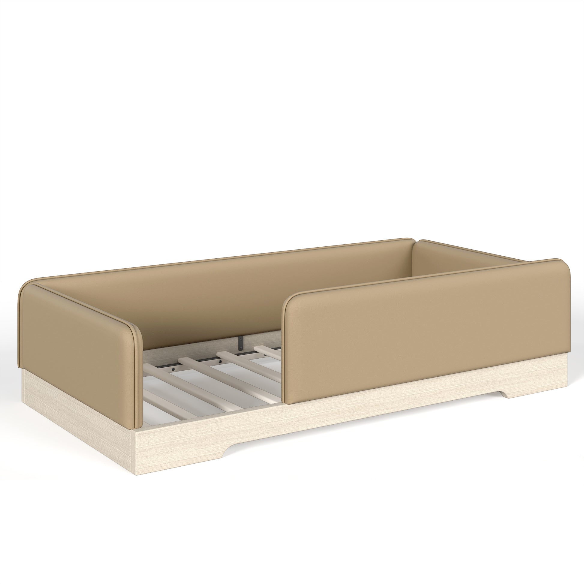 variant-group:rf-w1580p493126|Roomfitters Twin Size Upholstered Floor Bed Frame with Removable Guardrails, Faux Leather Low Profile Platform, Brown