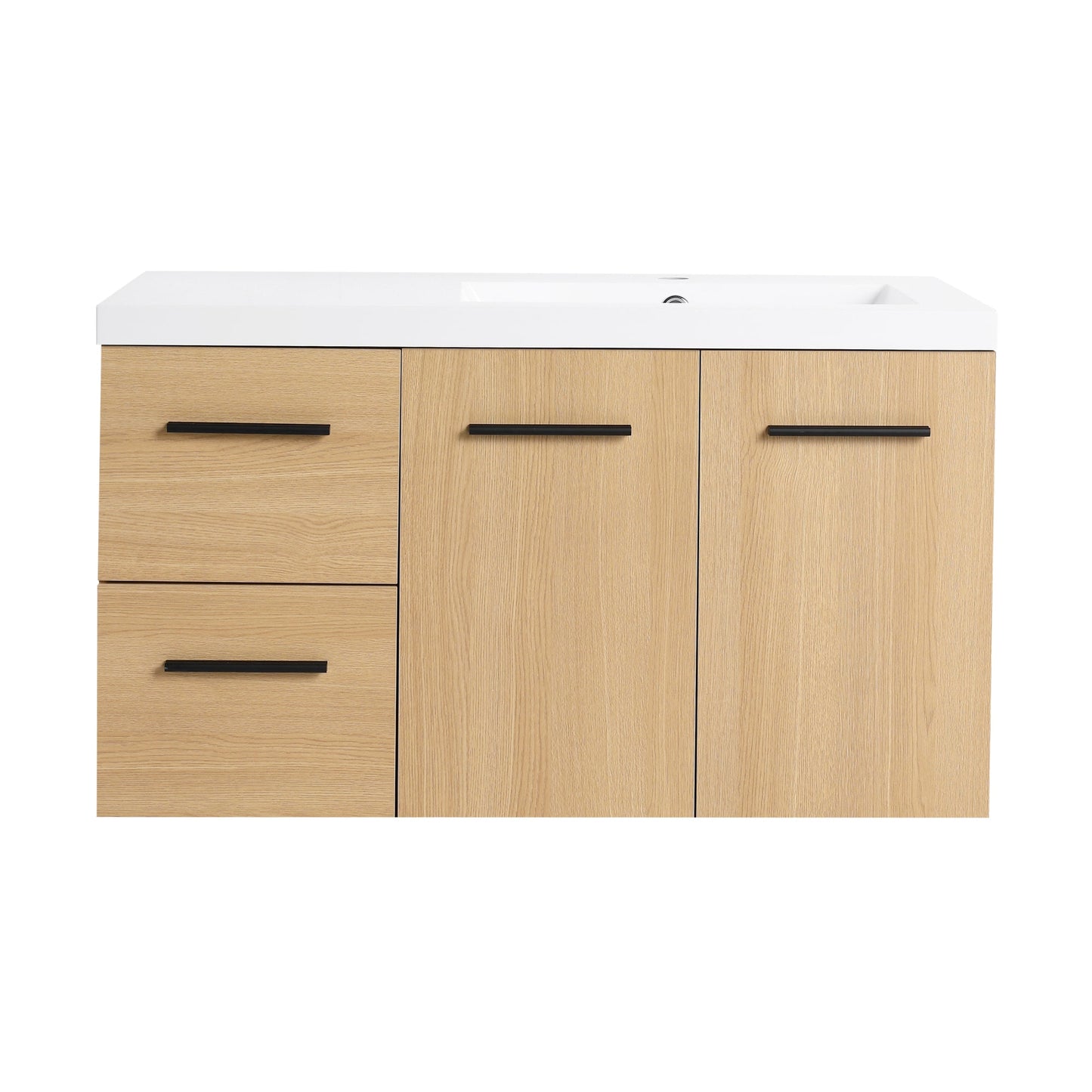 36" Wall-Mounted Floating Bathroom Vanity with Sink, Light Oak, 2-Door & 2-Drawer Modular Cabinet, Gel Coat Sink Top, 3 Boxes Roomfitters