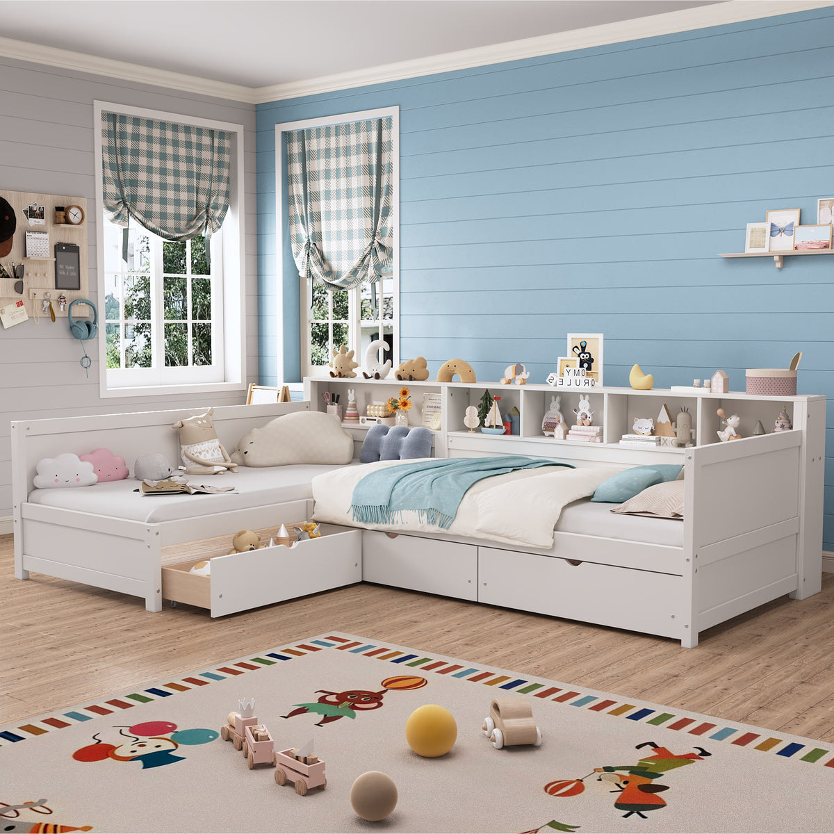 variant-group:rf-n733s369272k|Roomfitters Twin L-Shaped Daybed for 2 with 3 Storage Drawers, Wooden Corner Bed Frame with Bookshelf for Bedroom, White