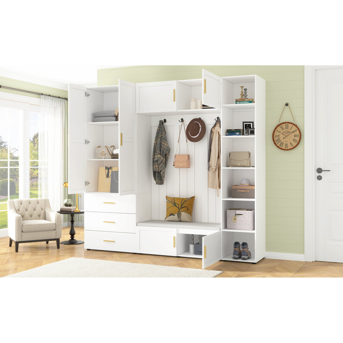 variant-group:rf-n724sj000167aak|Roomfitters American Style Extra-Wide Hall Tree with Padded Cushion Seat, Ancient White