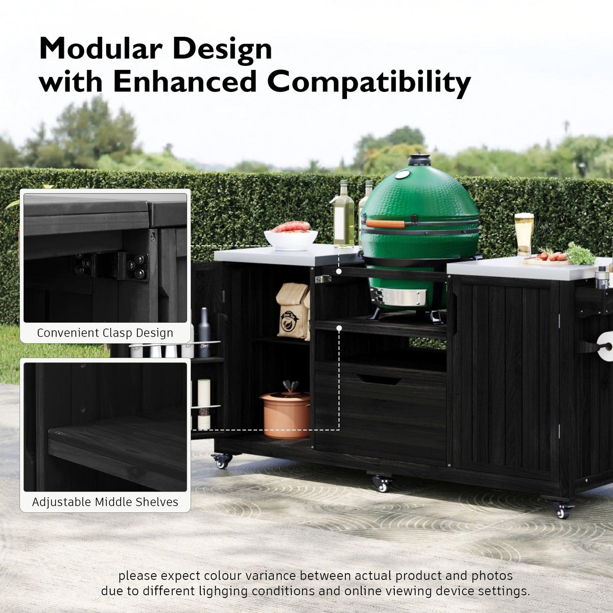 Roomfitters 66.5" Outdoor Grill Cart for Large Big Green Egg & Kamado Joe, Kitchen Island with Stainless Steel Top, Black