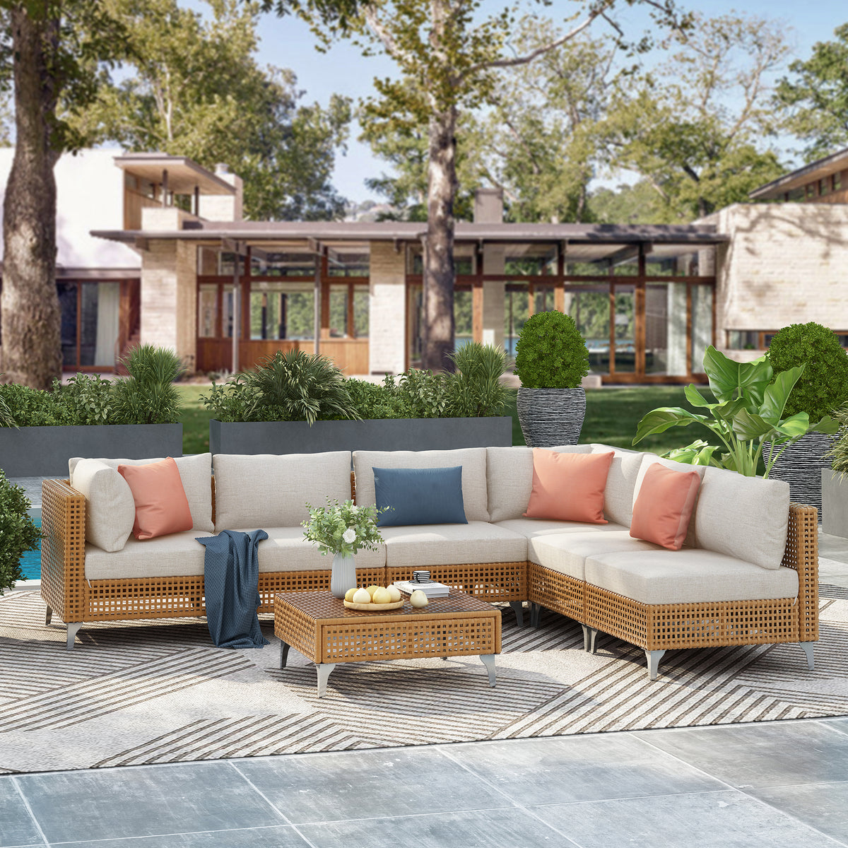 variant-group:rf-n707s000011z|Roomfitters 7-Piece Wicker Patio Furniture Set, Outdoor Sectional Sofa with Water-Resistant Cushions, Table, Natural
