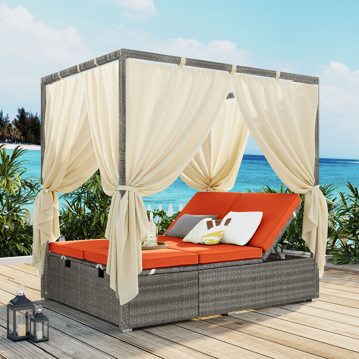 variant-group:rf-n711wy000471aao|Roomfitters Modern Tropical Orange PE Rattan Outdoor Double Sun Lounger, Patio Daybed, Adjustable Recline, Canopy