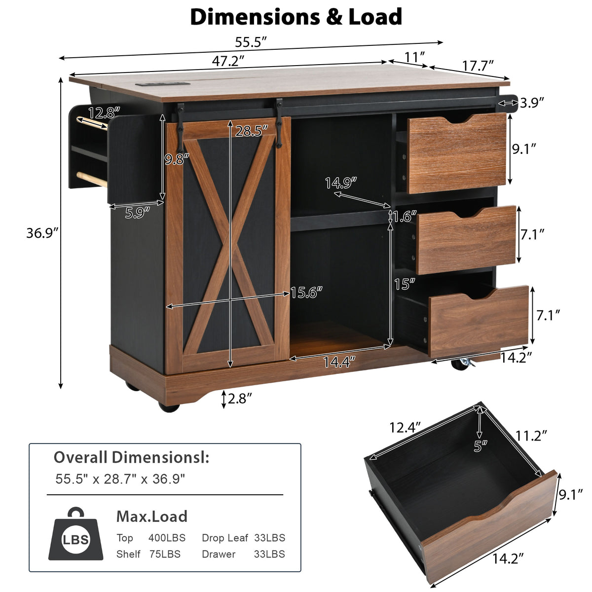 variant-group:rf-n707p288229b|Roomfitters 55.5" Rolling Kitchen Island with Drop Leaf, Mobile Kitchen Storage Cart with Sliding Barn Door, Power Outlets, Black