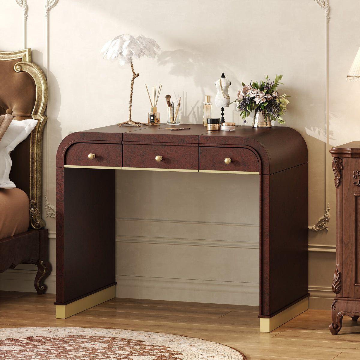 variant-group:rf-n704p381406p|Roomfitters Flip Top Vanity Desk with Mirror and Hidden Storage, Modern Makeup Table with Gold Trim for Small Space, Espresso