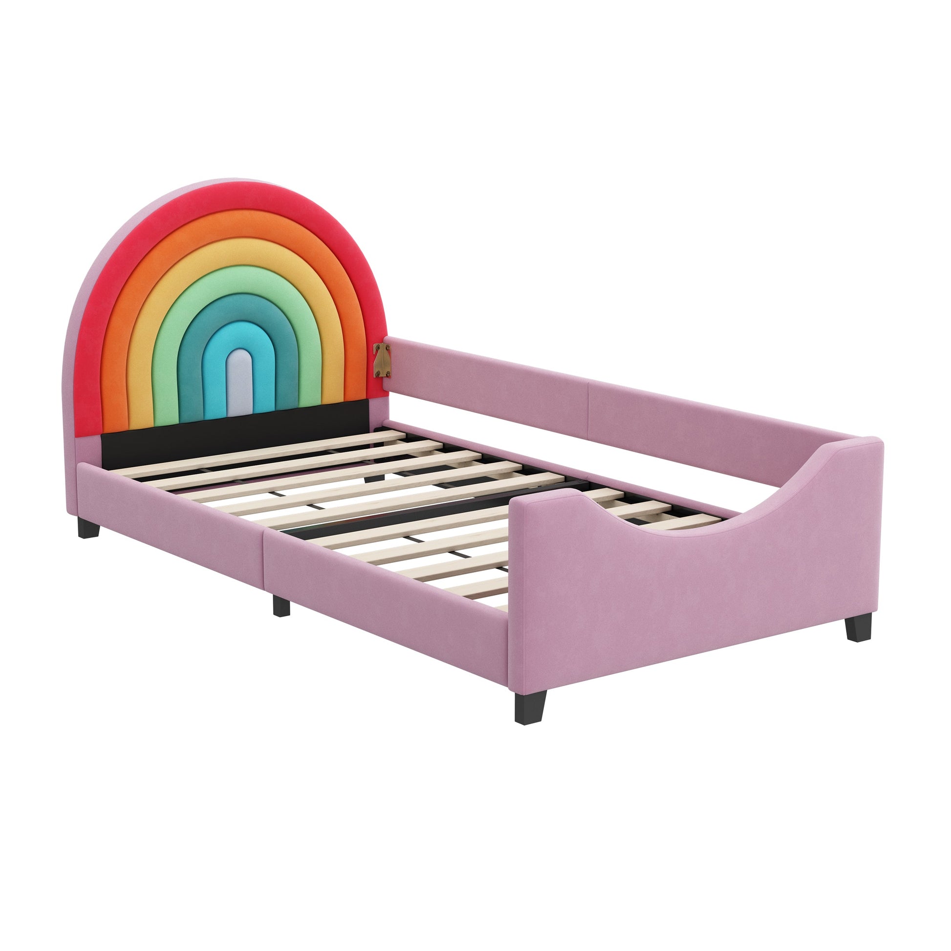 Roomfitters Twin Size Rainbow Upholstered Daybed Frame, Low to Ground Cute Princess Bed, Enclosed Fence, Colorful & Pink Roomfitters