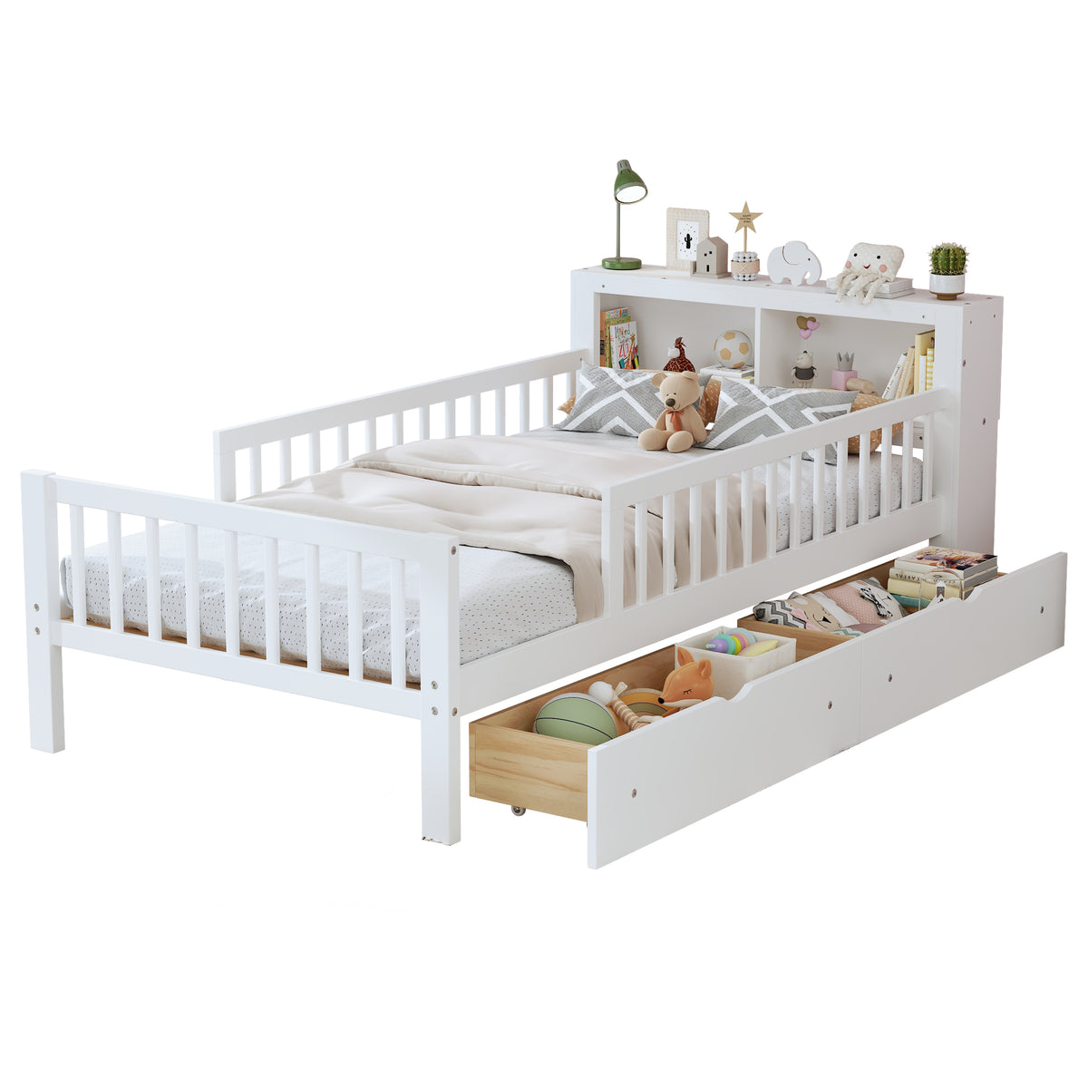 variant-group:rf-n733p272374k|Roomfitters Twin Bed with Headboard Storage Rack, Under-Bed Storage and Three-Side Guardrails, White
